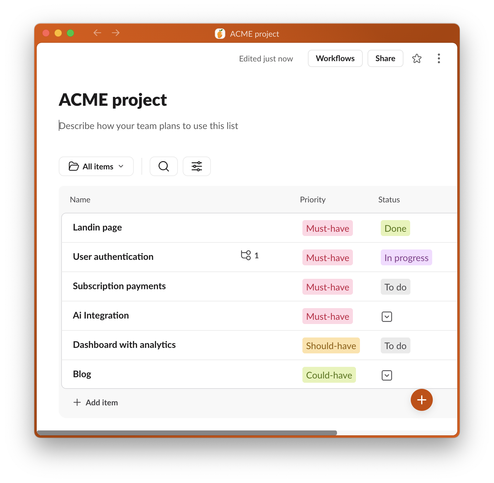 Project planning dashboard showing task prioritization and feature requirements